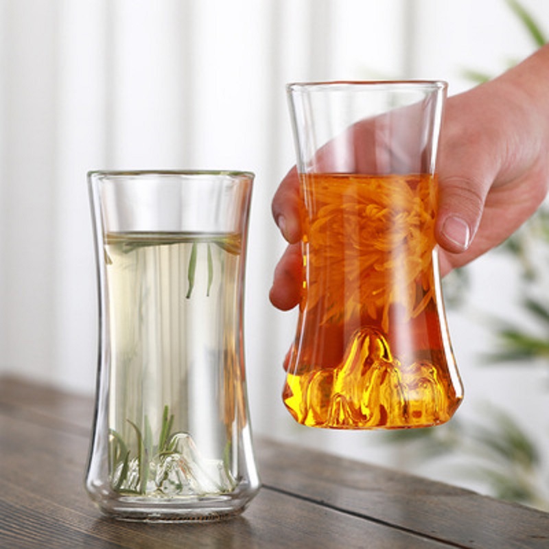 Nuevo Internet celebridad vidrio de doble capa montaña taza de té verde engrosada resistente al calor transparente taza de té de montaña taza de montaña