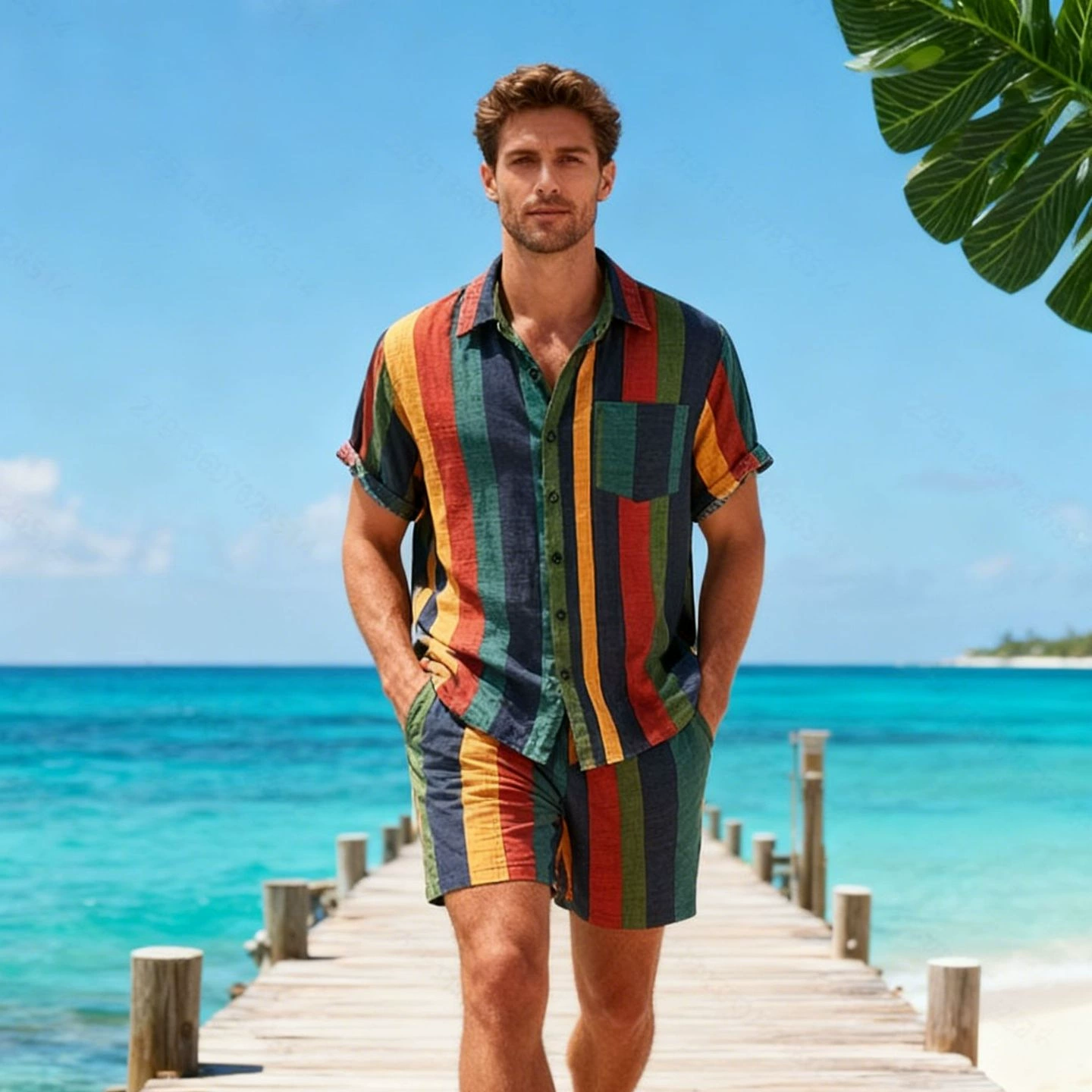 Европейские и американские амазонки мужчины трансграничный пляж Гавайские цветные полоски шорты с короткими рукавами набор рубашки из двух частей