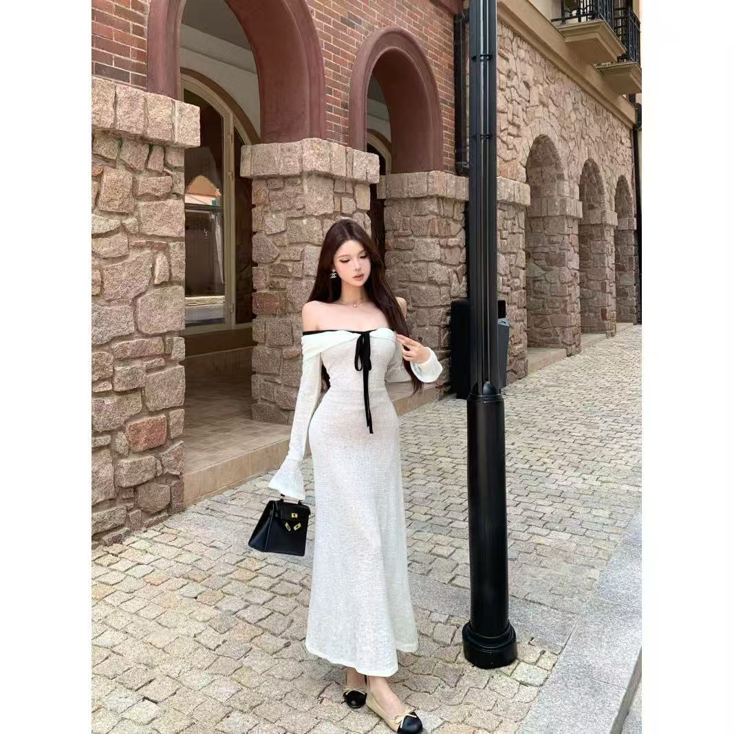 One-word Shoulder Contrasting Color Strap Long-sleeved Dress Women's Autumn Horn Sleeve Waist Skirt Gentle Slim Hip-wrapped Long Dress_ecoleips.com