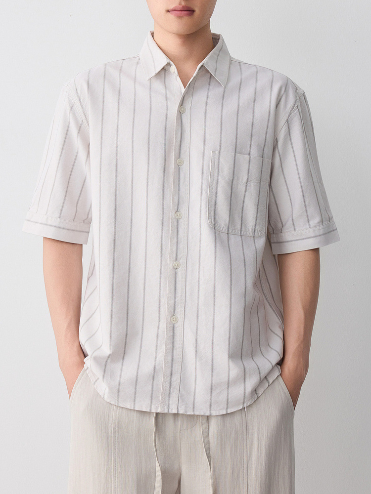 Áo sơ mi nam ngắn tay sọc cotton thoáng mát — màu xanh nhạt chi tiết 4