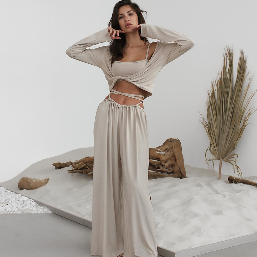 Unterwäsche & Nachtwäsche: Dreiteiliger Modal-Pyjama für Damen, lange Ärmel, lange Hose, bequeme Unterwäsche, modische Hauskleidung für den Herbst_voghion.com