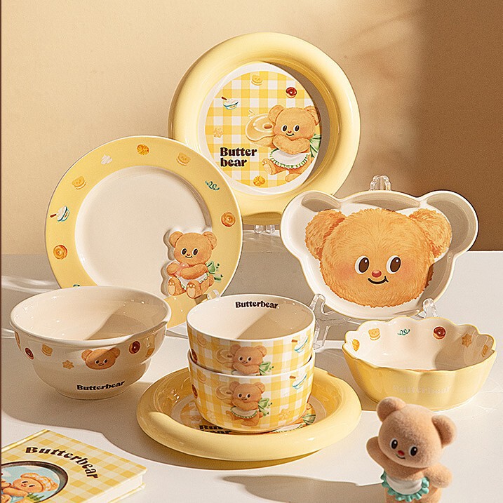 Modern Housewife Butter Bear Cartoon Ceramic Rice Bowl Household Tableware Set Cute Dish Plate Plate Eating Bowl