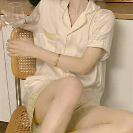 实拍2024夏季新款薄款清凉感撞色短袖睡衣两件套家居服女外贸批发