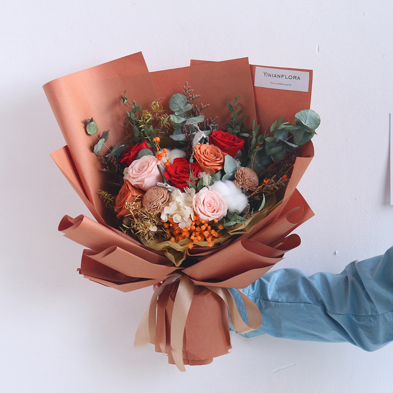 Qixi vintage naranja flor eterna ramo rosa de madera de algodón flor seca decoración de la sala de estar para la novia de cumpleaños regalo de vacaciones