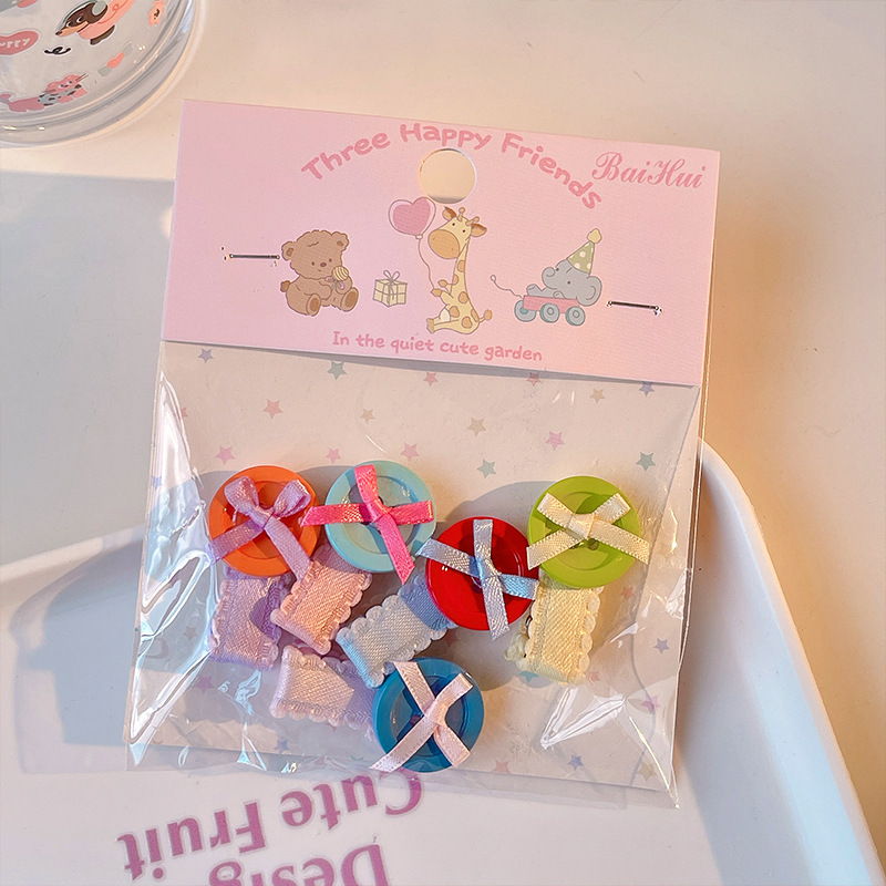 韩系儿童蝴蝶结纽扣造型发夹女童彩色波点侧边夹宝宝刘海碎发夹子|undefined