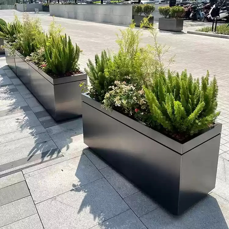 Caja de flores de acero inoxidable al aire libre combinación de cama de flores móvil divisoria de péndulo exterior departamento de ventas valla municipal caja de plantación de tanque de flores