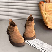 2025冬季新款绒面深口女手工穿线单靴复古马丁靴显瘦休闲厚底短靴
