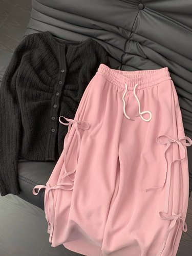 Korean Vintage Bow Belt Straight Leg Women's Early Spring Unique Design Loose Casual Wide Leg Pants