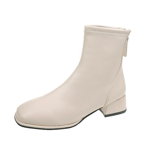Women's Large-Size Square Head Short Boots 2024 Autumn/Winter New French Soft Leather Square Heel White Slim Boots British Style Martin Boots