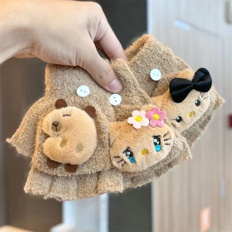 新しい子供用手袋、冬用漫画柄、暖かい裏起毛、男の子と女の子向けのかわいいぬいぐるみ風フリップカバー付きハーフフィンガーライティンググローブ|undefined