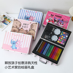 145pcs二重アルミボックス絵ペンセット子供絵画ツールアート用品女の子水彩ペンギフトロゴ
