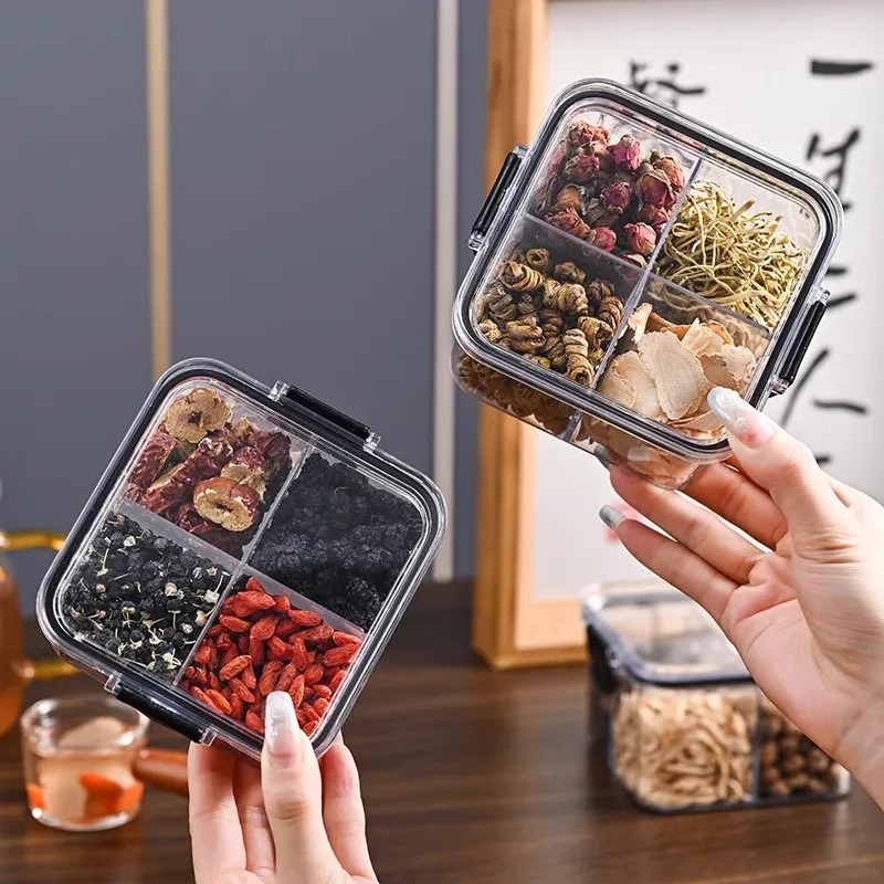 Square Four-Compartment Health-Preserving Flower Tea Tea Storage Jar Moisture-Proof Traditional Chinese Medicine Food-Grade Grain Multi-Compartment Sealed Box