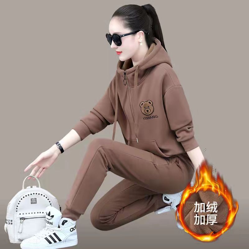 fleece-lined Thickened Sports suit Women's Autumn and Winter 2024 New Hooded Pullover Sweat Casual Wear Two-Piece Western Style