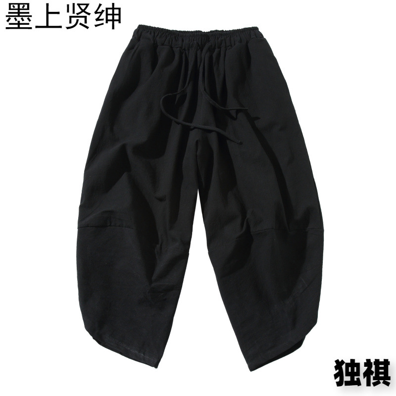 2024 pantalones cortos de lino de verano japonés para hombres, pantalones harem de pierna ancha de algodón y lino de gran tamaño casual de color sólido fábrica