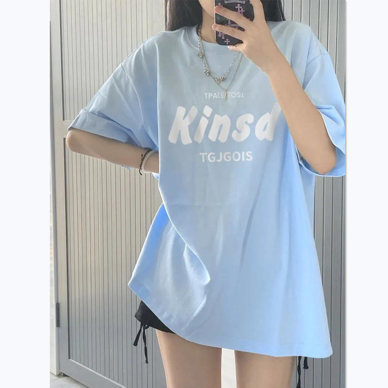 American Style Retro Sky Blue Pure Cotton Short-sleeved T-shirt Women's Loose Summer Niche Design Sense Student Half-sleeved Top Ins