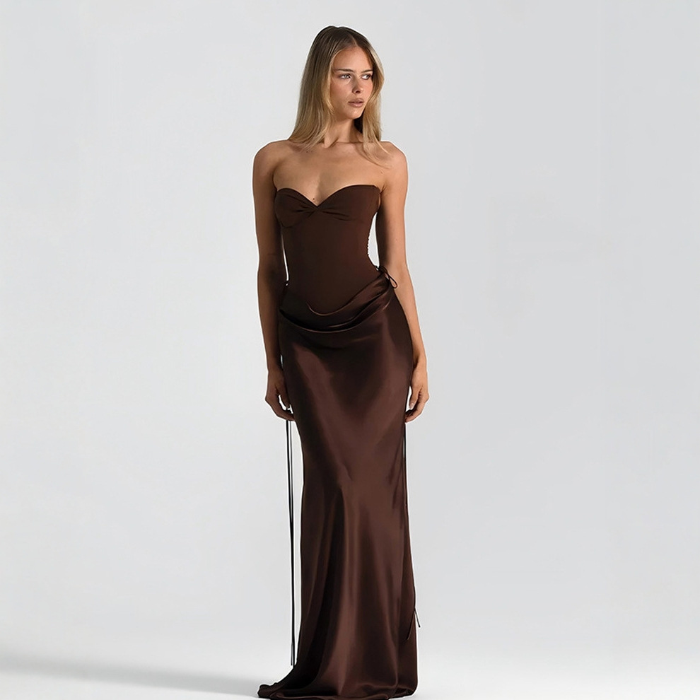 New European and American Fashion Solid Color Fishtail Waist-Cinching Slim Dress with Draped Sash Fishtail Long Dress