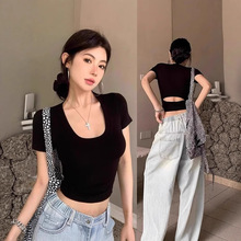 辣妹U领短款露脐T恤女短袖露背修身显瘦纯欲时尚紧身上衣跨境批发