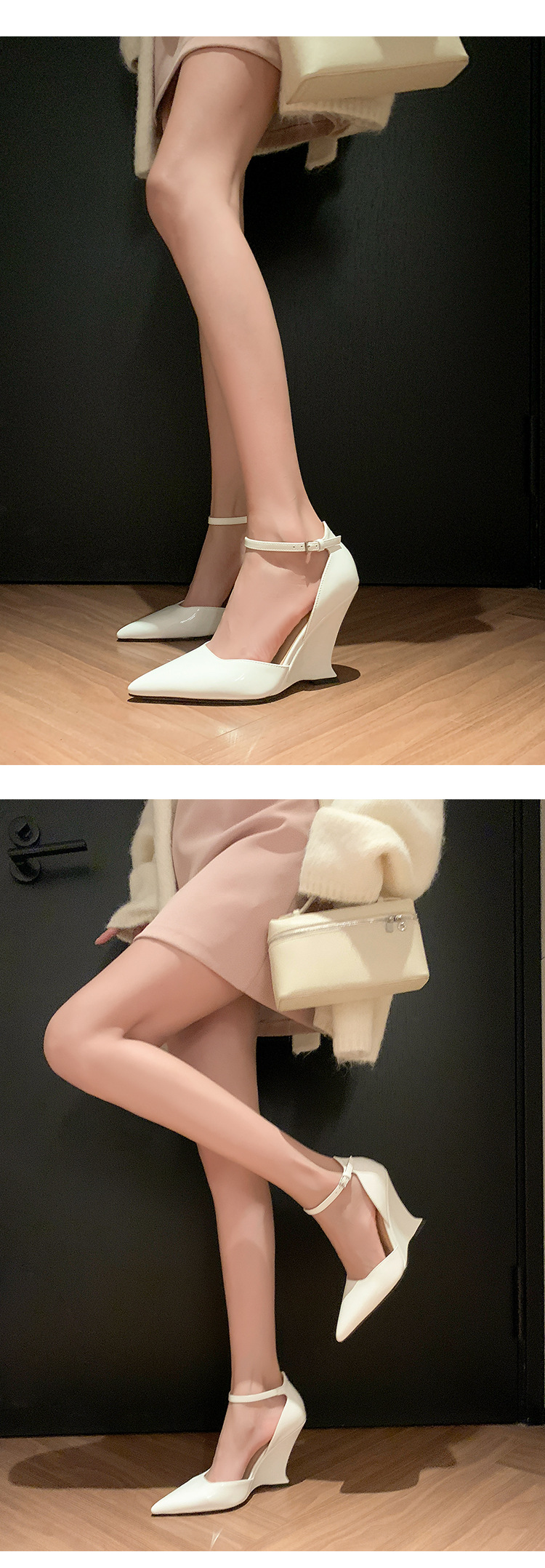 Giày sandal cao gót nữ mũi nhọn quai ngang chất liệu da bò sơn cao cấp, gót xuồng 9 cm — màu đen, màu trắng, màu mơ, màu đỏ chi tiết 31