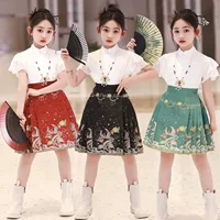 Юбка Ma Men для девочек, короткий древний костюм, комплект Hanfu, новинка 2025 года, детский тонкий летний костюм Тан в национальном стиле для маленьких девочек.