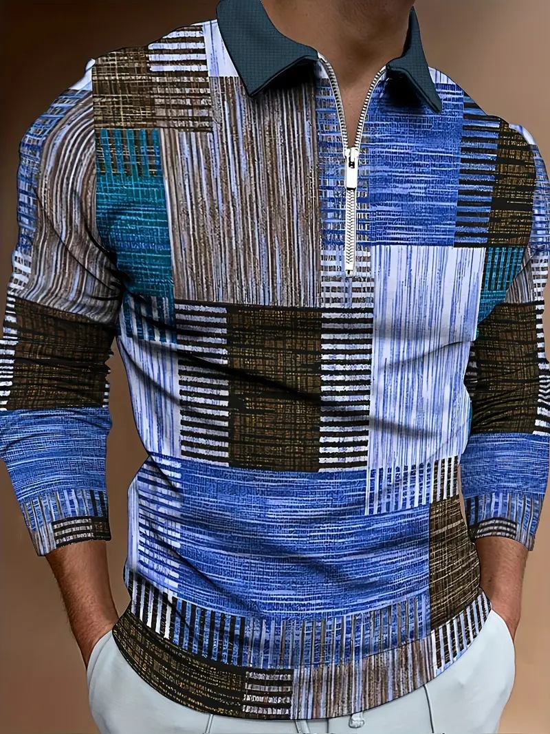 AliExpress transfronterizo línea geométrica de color 3D impresión hombres calle moda suelta cremallera camisa POLO