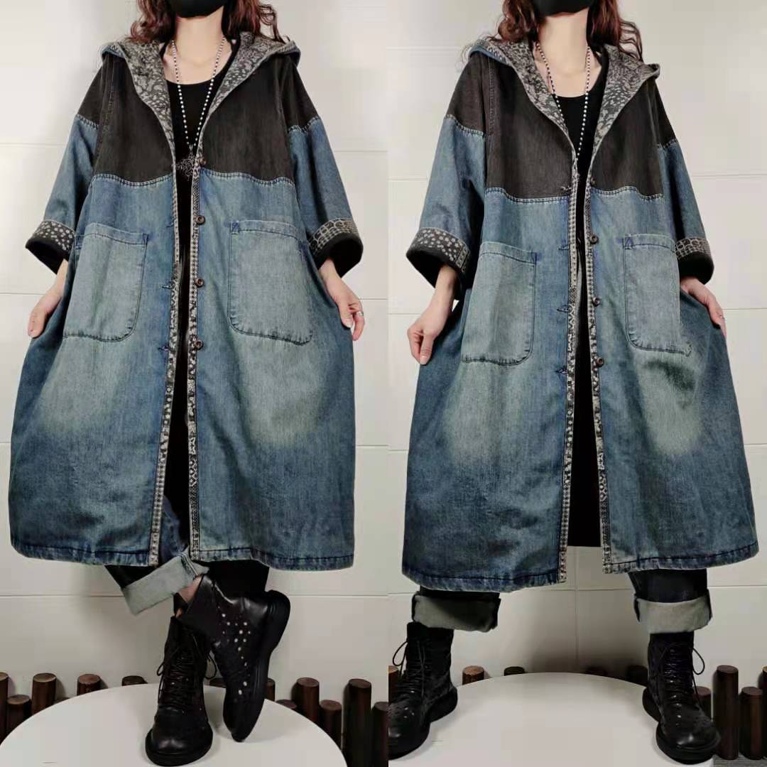 复古做旧水洗牛仔外套宽松大码百搭拼色印花长款连帽牛仔风衣外套|ru