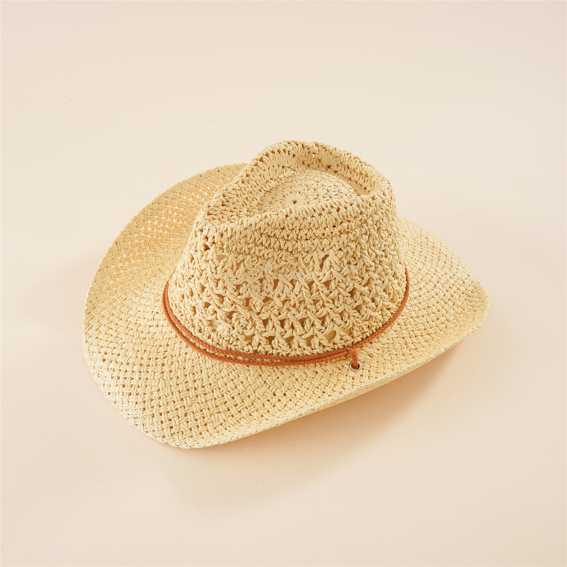 2021 Amazon paja color sólido decoración hueca verano juego sombrero de ala grande retro sombrero de paja a prueba de sol