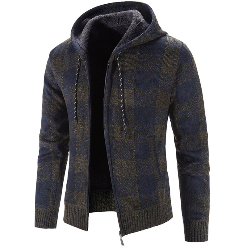 Nuevo cárdigan de hombre para otoño e invierno, suéter tejido grueso con capucha y cremallera, chaqueta a cuadros para hombre.