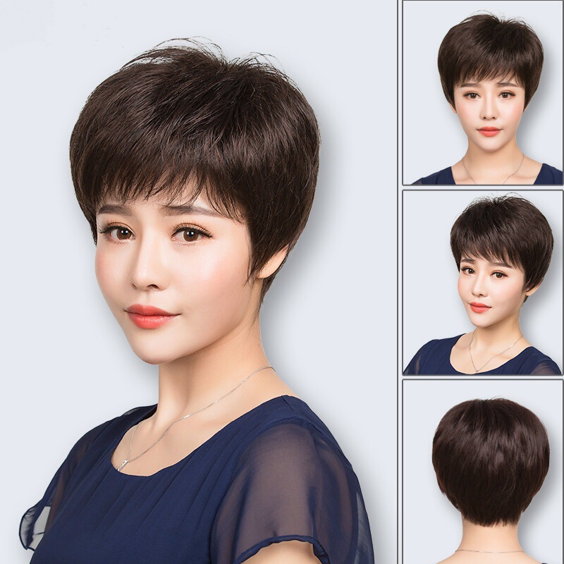 Real Hair Wigs for Middle-Aged and Elderly Women, Short Straight Hair for Mothers, Lightweight, Realistic, Breathable, and Natural