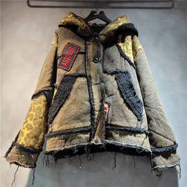 欧货个性潮牌豹纹皮毛一体连帽外套女2024冬新款宽松大码休闲棉服