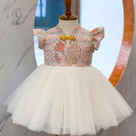 抓周礼服女宝宝春季百天生日中国风复古蓬蓬裙女童公主裙周岁唐装