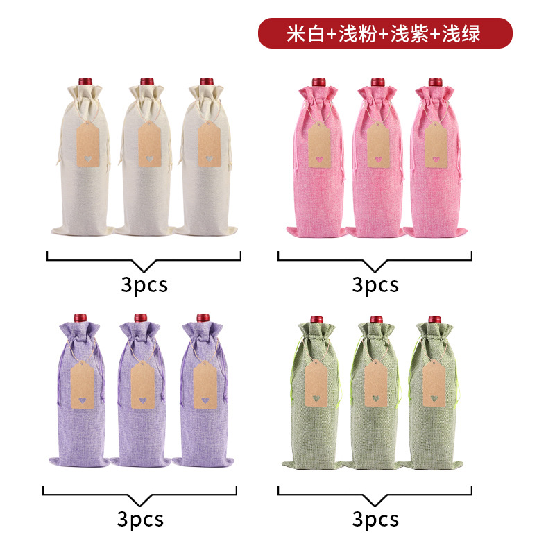 Suministro directo de fábrica bolsa de botella de vino de lino traje ciego degustación de vino botella cubierta de lino etiqueta bolsa de embalaje de vino tinto en stock al por mayor