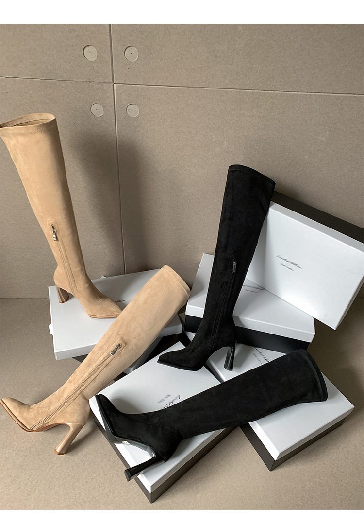 Boot nữ cổ cao quá gối mũi nhọn gót vuông 9cm da lộn co giãn phong cách Hàn Quốc — đen, mơ chi tiết 31