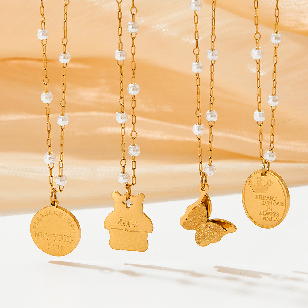 Retro Round Letter Butterfly Stainless Steel Inlay Artificial Pearls Pendant Necklace_colorza_1