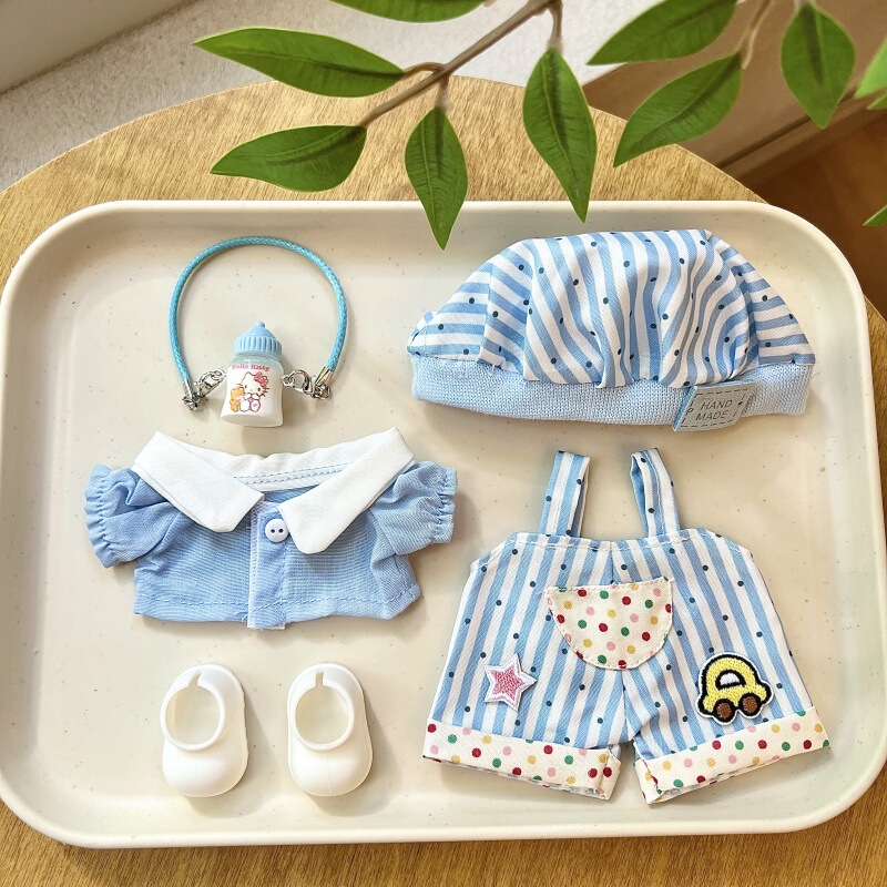 [Only Baby Clothes] First, Second and Third Generation Labubu Vinyl Doll Dress-Up Baby Clothes Blue Baotou Hat Overalls