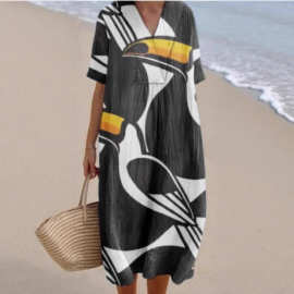 2025新款跨境电商亚马逊 宽松休闲舒雅V领数码印花图案大版连衣裙