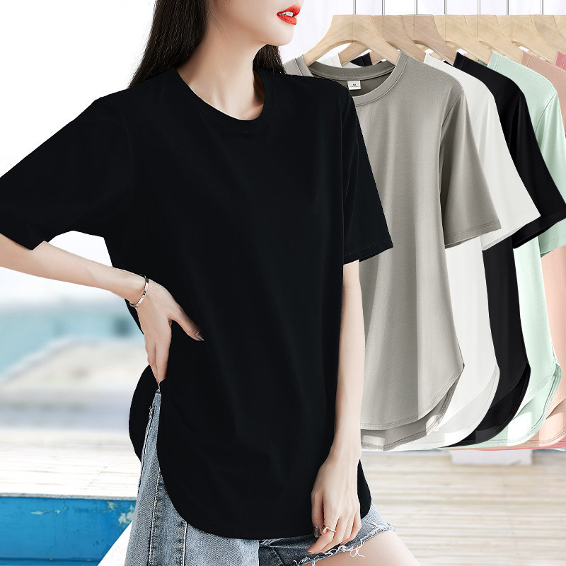 Pure Black Slim-Fit Short-Sleeve T-Shirt for Women with Side Slits, Curved Hem, Summer Thin Style
