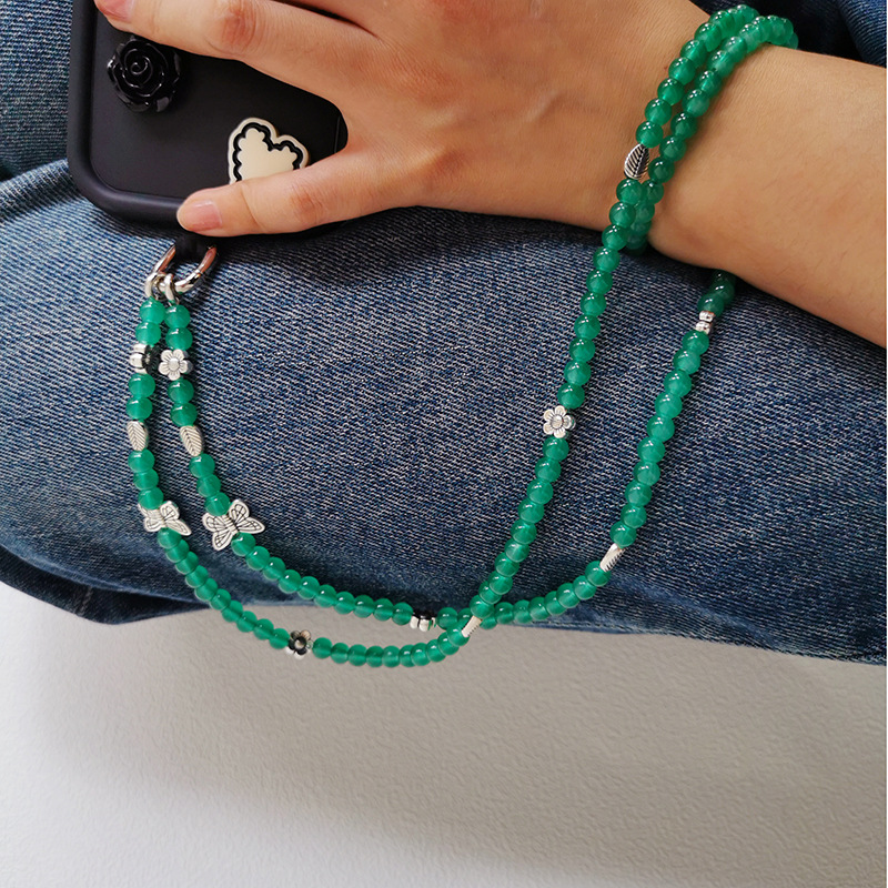 Chinese Style Retro Emerald Beaded Sweater Chain Crossbody Halter Hand Mobile Phone Chain Multi-purpose Mobile Phone Hanging Chain