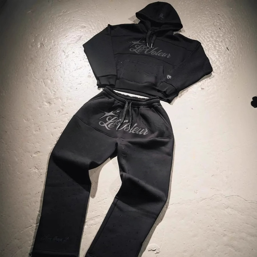 Cross-Border European and American Retro Printed Hoodie Men's High Street Design Casual Sports Suit Loose and Versatile Casual Pants