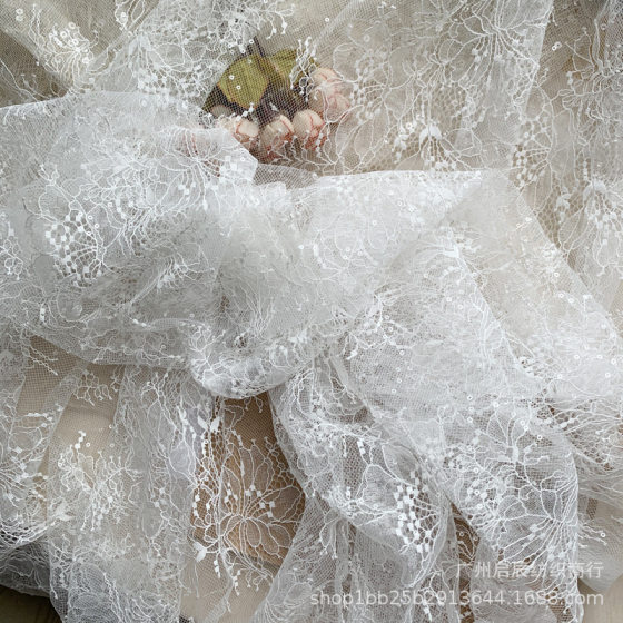 Foreign trade trumpet flower small sequins soft full lace fabric wedding dress base photo background fart curtain embroidery fabric