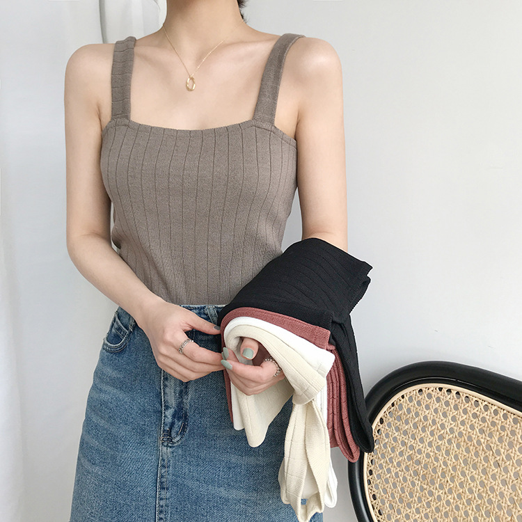 Refreshing knitted camisole top with bottom lining, short flat top, loose sleeveless vest, summer women's clothing_voghion.com