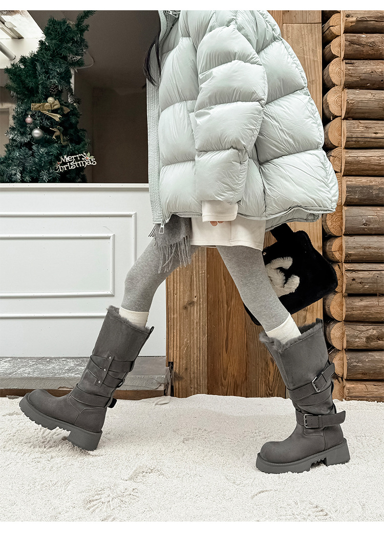 Boot tuyết nữ cổ cao lót lông cừu ấm áp đế dày khóa thắt lưng — màu kê chi tiết 23