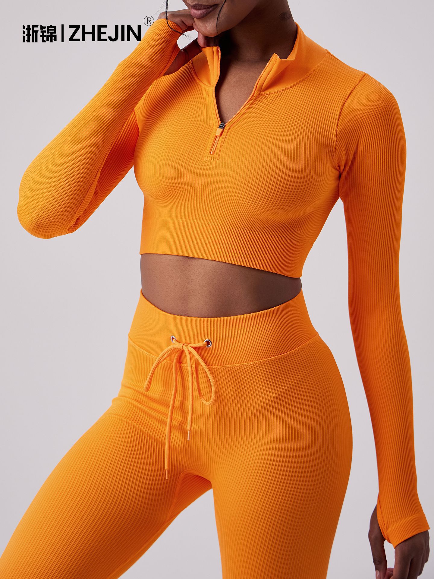[Zhejiang brocade] European and American quick-drying elastic seamless yoga clothing long sleeve top women's elastic zipper sports fitness clothing