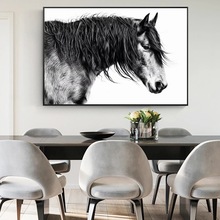 高清家居墙面喷绘装饰画单幅现代黑白马肖像动物客厅酒店挂画油画