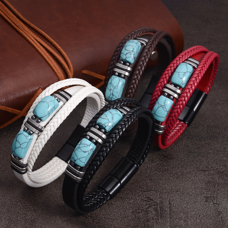 Stainless Steel Leather Bracelet European and American Trendy Imitation Turquoise Leather Bracelet Weaving Technology Multi-Color Optional Factory Direct Supply Stainless Steel Leather Bracelet European and American Trendy Imitation Turquoise Leather Bracelet Weaving Technology Multi-Color Optional Factory Direct Supply