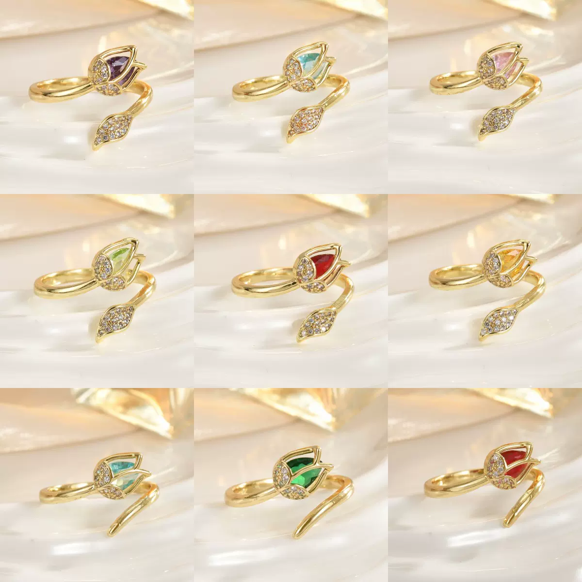 郁金香戒指女开口自由调节大小猫眼石指环超仙日韩简约风直播货源