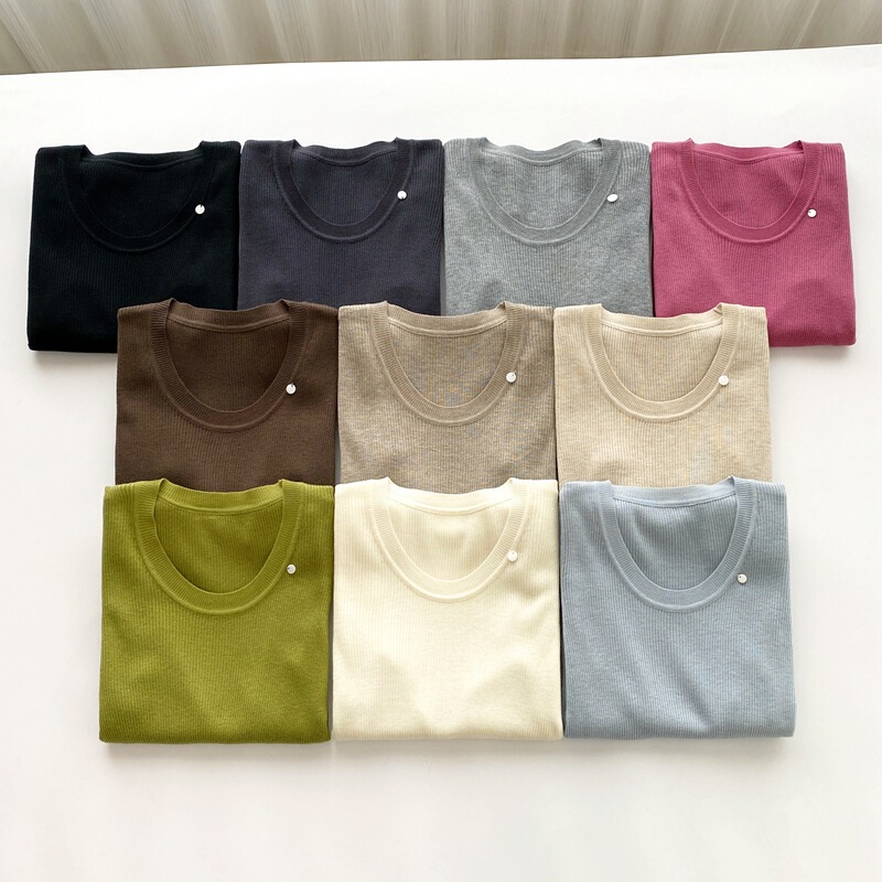 Special Offer with Free Shipping, No Returns or Exchanges, Soft and Skin-Friendly Base Shirt, U-Neck, Ribbed, Slimming, Shell Buttons, Long Sleeves 6088