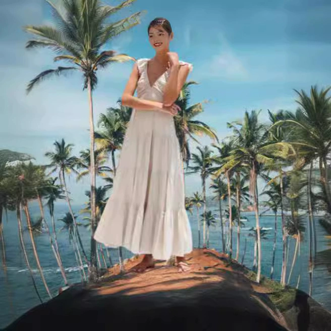 2024 весенне-летнее Европейское и американское трансграничное сексуальное хлопковое льняное однотонное платье без рукавов с V-образным вырезом и кружевным ремешком, праздничное пляжное платье без рукавов