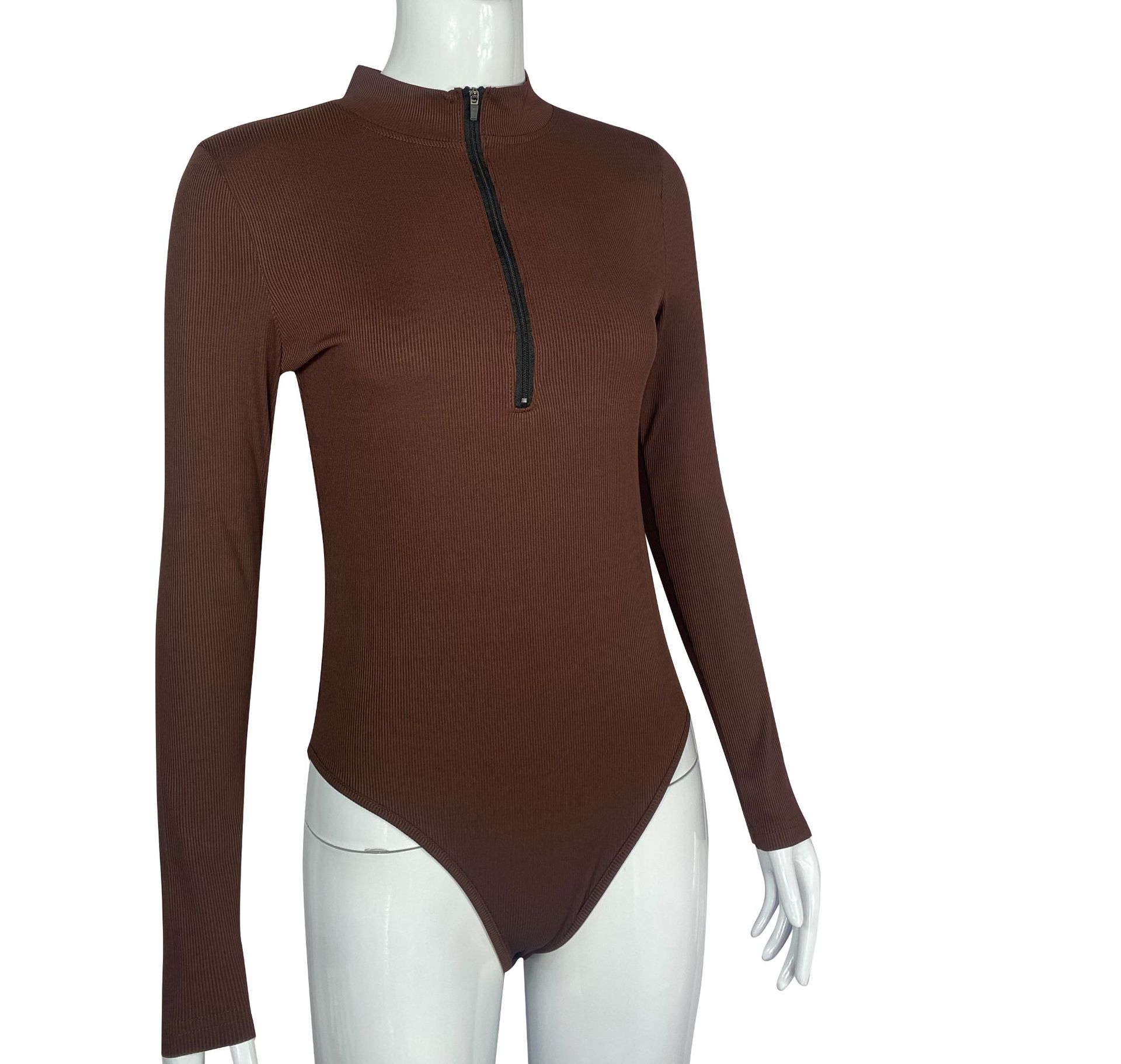 Ribbed Long Sleeve Bodysuit With Front Zipper - Stretchy Soft Fabric For Women, Seamless Layering Top, Comfortable Casual And Night Out Jumpsuit_ecoleips.com