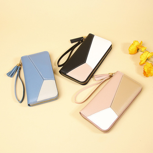 Korean Version 2025 Women's Wallet Striped Color Block Long Wallet with Zipper Tassel Large Capacity Women's Wallet