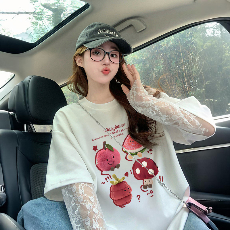 Korean Style Cute Graffiti Pure Cotton Loose Fake Two-Piece T-Shirt for Women with Beautiful Lace Splicing Design Sun Protection Top Ins